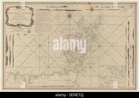 La carte gravée indique la côte nord de l'Écosse et les îles Orcades en 1781. Publié par Robert Sayer, il cartographie la géographie côtière et la position des îles pour la navigation autour des eaux écossaises du nord et des mers adjacentes. Banque D'Images