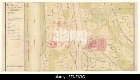 Leveux, M., cartographie Trishnapaly en 1772, montrant le tracé de la ville sous le contrôle de la Compagnie anglaise des Indes orientales, mettant en évidence les rues, les zones administratives et le terrain voisin près de Tiruchi dans le sud de l’Inde. Banque D'Images