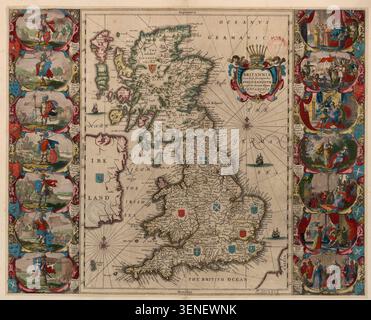 La carte de Johannes Janssonius, datée de 1646, présente la Grande-Bretagne comme divisée pendant la période anglo-saxonne, en particulier pendant l'Heptarchie. La carte gravée indique les divisions territoriales historiques à travers l'île. Banque D'Images