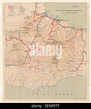 Carte créée par ROELOFFZEN, Hübner & SANTEN EN 1910 présente la résidence de Pasoeroean sur Java, montrant les canaux de communication, les itinéraires environnants et les infrastructures de transport dans la région. Banque D'Images