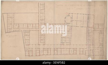 Ce plan manuscrit fait état de la disposition du plancher en mezzanine du ministère de l'Agriculture et du commerce à Paris en 1881. La carte documente la disposition administrative interne des locaux du ministère dans la capitale française. Banque D'Images
