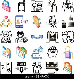 Collection d'icônes isométriques et linéaires illustrant les concepts d'affaires, de santé, de technologie, d'environnement et de développement urbain, de travail d'équipe, de communication Illustration de Vecteur