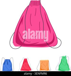 Sacs à cordon de serrage en différentes couleurs, y compris rose, bleu, rouge, orange, et vert, illustrant des sacs en tissu réutilisables pour transporter des objets personnels et pr Illustration de Vecteur