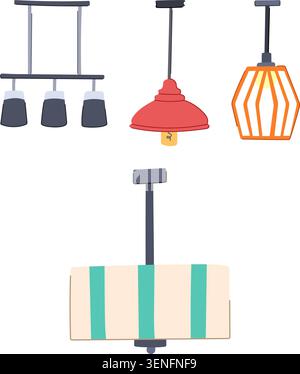 Collection de lampes présentant divers luminaires suspendus et plafonniers dans un design plat coloré, illustrant différents styles pour l'intérieur d Illustration de Vecteur