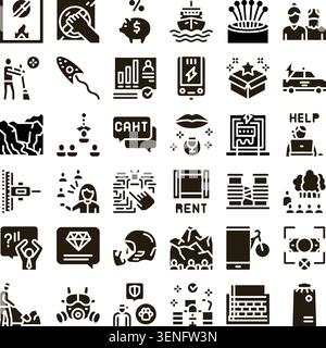 Collection d'icônes de glyphe monochromes représentant divers concepts essentiels liés aux affaires, aux finances, à l'environnement et aux services, parfaits pour le Web et Illustration de Vecteur