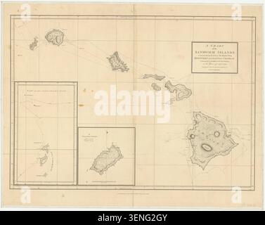 Carte gravée publiée en 1798 qui fait le relevé des îles Sandwich lors de visites effectuées en 1792, 1793 et 1794 par Discovery et Chatham sous George Vancouver, avec des références supplémentaires aux groupes d'îles du Pacifique proches. Banque D'Images