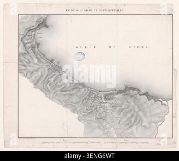 Frédéric Hellrigel a réalisé un plan gravé des environs de Stora et Philippeville, retraçant la géographie locale et les caractéristiques côtières liées aux lieux identifiés par les mots-clés Stora et Skikda. Banque D'Images