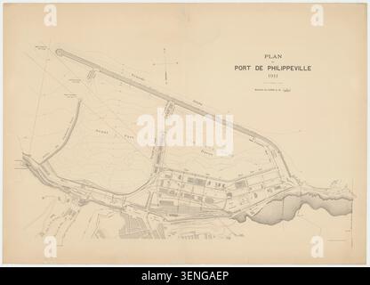 Une carte gravée datée de 1911 enregistre le port de Philippeville et son tracé portuaire, documentant l'infrastructure maritime et les caractéristiques côtières associées au port identifié par le mot-clé Skikda. Banque D'Images