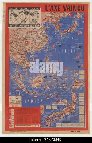 La carte gravée composée et dessinée par Jacques Mercier en 1945 présente la défaite des puissances de l’axe, faisant référence à Adolf Hitler, Benito Mussolini, au Japon et aux opérations militaires à travers l’Asie du Sud-est. Banque D'Images