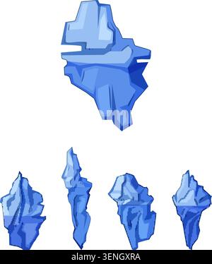 Ensemble vectoriel représentant diverses formations d'iceberg bleu, illustrant les parties visibles et immergées, représentant les défis environnementaux et hidd Illustration de Vecteur