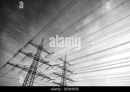Deux grands pylônes d'une ligne électrique aérienne à haute tension, comportant de nombreux fils, isolants, câbles et attaches, dans la région de la Ruhr (Allemagne). Bla Banque D'Images
