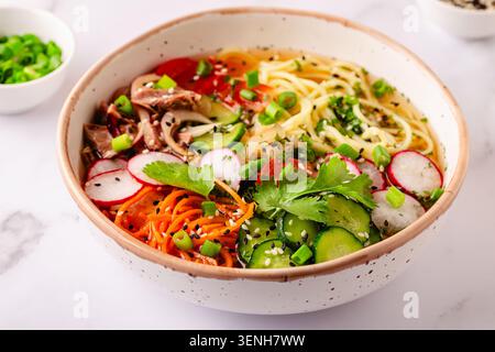 Soupe de nouilles froides coréennes avec boeuf, concombre, tomate, radis, carotte, kimchi. Banque D'Images