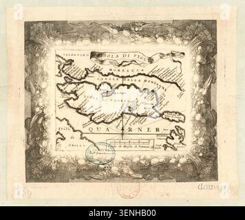 Une carte gravée intitulée Isola di Veglia enregistre l'île de Krk dans la région Adriatique. Produit en 1600, le travail cartographique présente la forme géographique et le cadre côtier de l'île à travers les premières conventions cartographiques modernes. Banque D'Images