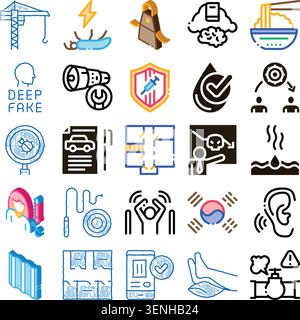 Collection d'icônes conceptuelles deepfake de technologie, de construction, d'assurance automobile, de santé et de gestion des risques illustrant divers thèmes modernes et se Illustration de Vecteur