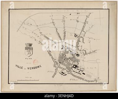 La carte de 1875 de Vendôme enregistre les rues, les blocs municipaux et le tracé urbain. Signée par St-Martin, la carte sert de référence à des fins cadastrales et urbanistiques au XIXe siècle. Banque D'Images