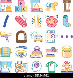 Ensemble d'icônes linéaires colorées représentant des objets, des idées et des activités de différents aspects de la vie, y compris le travail, la santé, l'éducation et la transp Illustration de Vecteur