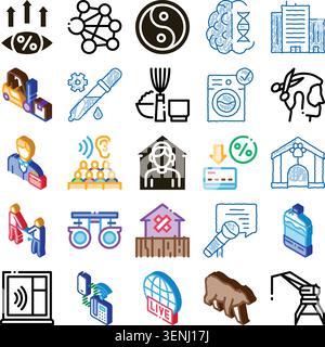 Variété d'icônes de concept isométrique illustrant différents domaines comme la santé, la technologie, la finance, l'éducation, le logement, livraison, et bien personnel bei Illustration de Vecteur