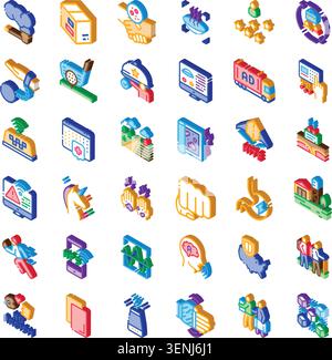 Collection d'icônes isométriques illustrant un large éventail de sujets, y compris la protection des données, la finance, la santé, l'environnement, la technologie, et marketing pour Illustration de Vecteur