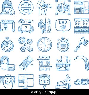 Variété d'icônes bleues de doodle illustrant des concepts tels que la planification financière, les affaires mondiales, la santé personnelle, la gestion du temps et les tâches quotidiennes o Illustration de Vecteur