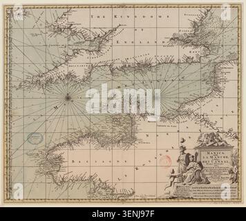Nicolaes Visscher a produit cette carte maritime vers 1700 cartographiant la Manche entre l'Angleterre et la France, y compris les côtes de Bretagne, de Normandie, de Picardie et du sud de la Grande-Bretagne. Banque D'Images