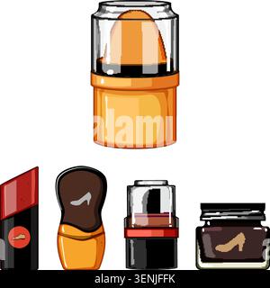 Collection de cirage à chaussures et récipients de crème avec brosses et applicateurs de couleurs et de formes variées pour le soin, l'entretien, la brillance des chaussures en cuir, Illustration de Vecteur