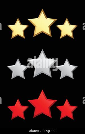 Ensemble de trois étoiles d'évaluation rouge or argent 3d collection d'étoiles géométriques propres icônes représentant l'examen, les commentaires, la qualité et le classement. Isolé o Illustration de Vecteur
