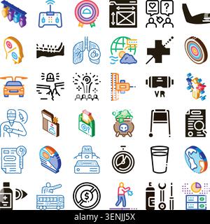 Collection d'icônes conceptuelles isométriques et linéaires avec différents éléments, illustrant un large éventail de sujets allant de la technologie et de la santé à la socia Illustration de Vecteur