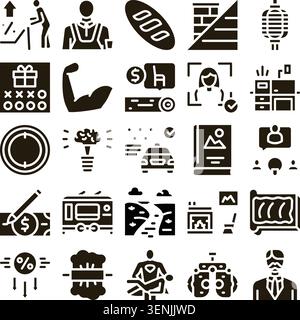 Collection d'icônes de glyphe monochromes représentant diverses entreprises, personnes, objets et concepts abstraits, adaptés aux éléments de conception et aux infographies Illustration de Vecteur