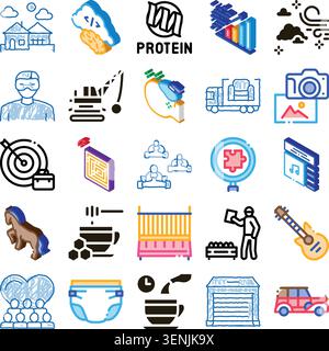 Collection de différentes petites icônes illustrant un large éventail de sujets de la technologie, des affaires, de la construction et des soins de santé à la vie de famille, l'alimentation, m Illustration de Vecteur