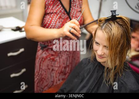 Coiffeur coiffant les cheveux mouillés de la femme dans le salon Banque D'Images