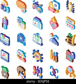 Ensemble d'icônes isométriques présentant divers concepts comme la psychologie, la santé mentale, les affaires, la technologie, la finance, et les conditions humaines dans un graphique coloré Illustration de Vecteur