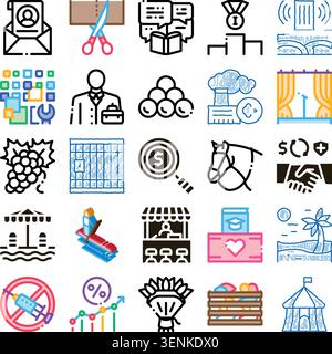 Ensemble d'icônes d'art de ligne de style doodle diversifié représentant les affaires, la finance, l'éducation, la nature, la santé, concepts de voyage et de loisirs sur un fond blanc propre Illustration de Vecteur