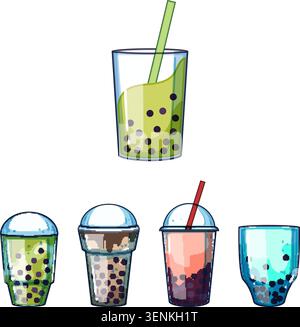 Boissons de thé moussant apparaissant dans diverses tasses et des concoctions colorées distinctes, avec des perles de tapioca au fond, offrant des boissons rafraîchissantes f Illustration de Vecteur