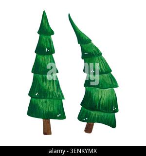 Deux sapins verts, illustration aquarelle, dessin animé. Illustration dessinée à la main. Conception pour autocollants, cartes, scrapbooking. Forêt, nature, arbre Banque D'Images