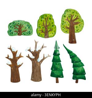 Un ensemble de différents arbres, illustration aquarelle, dessin animé. Illustration dessinée à la main. Conception pour autocollants, cartes, scrapbooking. Forêt, nature, arbre Banque D'Images