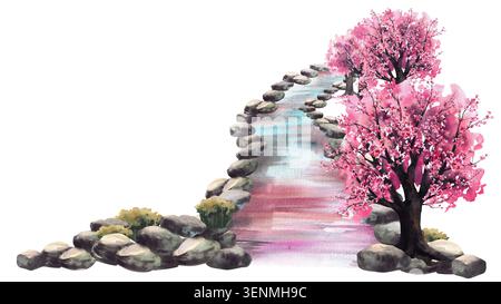 Ruisseau de jardin japonais bordé de pierres grises avec fleurs de cerisier Sakura et de petits arbustes en fleurs. Illustration aquarelle peinte à la main Banque D'Images