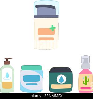 Produits de soins de la peau et cosmétiques dans divers contenants, y compris un flacon pompe, des pots et un flacon pulvérisateur, fournissant des solutions pour hydrater et pour le beau Illustration de Vecteur