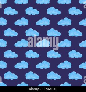 Motif sans couture au crayon coloré dessiné à la main avec un motif de ciel répétitif avec des nuages pelucheux bleus sur un fond bleu foncé profond. Ce temps magique Banque D'Images