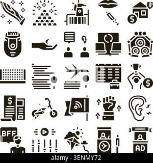 Collection d'icônes de glyphe monochromes représentant des concepts liés aux affaires, la communication, la finance, les voyages, et diverses activités de style de vie, utile Illustration de Vecteur