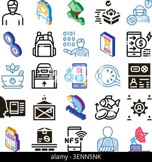 Collection d'icônes isométriques, linéaires et doodle illustrant un large éventail de concepts, y compris la technologie, la santé, la sécurité, la logistique, la finance, Illustration de Vecteur