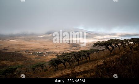 Vue brumeuse sur la zone de conservation de Ngorongoro avec un village Massaï dans la vallée, Tanzanie, Afrique. Octobre 2024. Banque D'Images