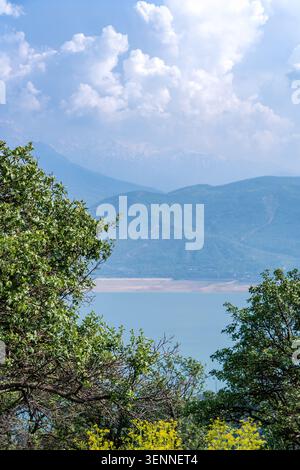 Réservoir Charvak turquoise vibrant encadré par des arbres verts luxuriants et des fleurs jaunes sauvages en Ouzbékistan. Concept : nature de l'éco-tourisme d'Asie centrale Banque D'Images