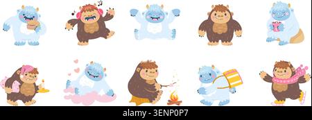 Personnages de dessins animés Bigfoot. Mignon yéti manger, écouter de la musique, livreur, aller dormir. Mascottes drôles de bonhomme de neige pour les enfants, de nos jours clipart vectoriel Illustration de Vecteur