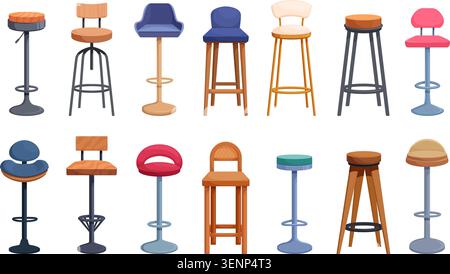 Tabourets de dessin animé pour café bar. Tabouret haut élégant, plastique, métal, meubles en bois pour les visiteurs. Éléments intérieurs de pub, conception de chaises différentes, sapid Illustration de Vecteur