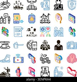 Collection de diverses icônes de dessin au trait illustrant des objets, des services et des concepts communs liés au style de vie, à la santé, aux finances et aux thèmes sociaux sur un Illustration de Vecteur