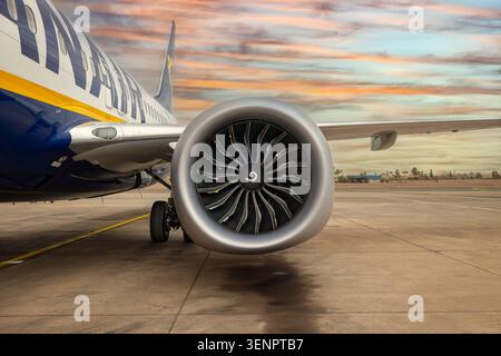 Détail d'un Boeing 737 MAX 8 de Ryanair face à un coucher de soleil à l'aéroport de Marrakech-Menara, Maroc. Maroc, Marrakech - 12 août 2023 : vue rapprochée sur le moteur à réaction d'un avion Ryanair stationné sur le tarmac de l'aéroport RAK de Marrakech-Menara, capturée contre un ciel de coucher de soleil vibrant et coloré. Marrakech Maroc Copyright : xGennaroxLeonardix Banque D'Images