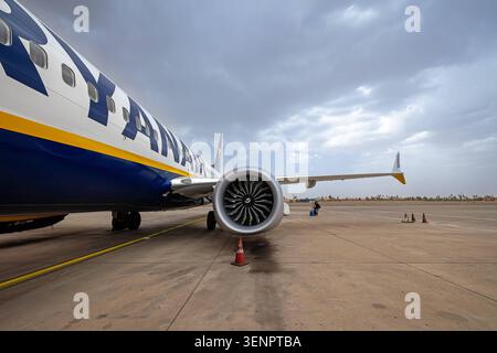 Gros plan d'un moteur d'avion Ryanair sur le tarmac de l'aéroport de Marrakech-Menara, Maroc. Maroc, Marrakech - 12 août 2023 : un plan détaillé, à angle bas, mettant l'accent sur le moteur à réaction massif d'un avion Ryanair stationné sur le tarmac de l'aéroport RAK de Marrakech-Menara. Sous un ciel nuageux et dramatique, un petit groupe de passagers avec des bagages est visible marchant loin en arrière-plan près du bout des ailes de l avion. Marrakech Maroc Copyright : xGennaroxLeonardix Banque D'Images