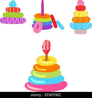Jouets multicolores à anneaux empilables offrant une expérience d'apprentissage attrayante pour les nourrissons et les tout-petits, favorisant la coordination des yeux des mains, la motricité et la colo Illustration de Vecteur