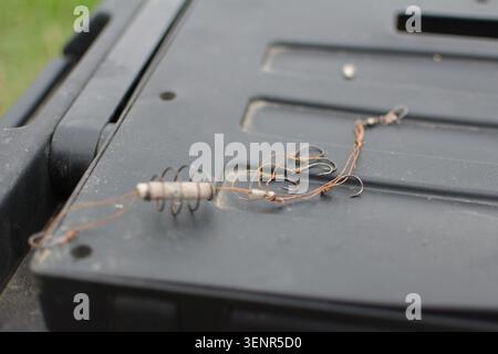 Gros plan d'une plate-forme de pêche avec des hameçons et une platine enroulée reposant sur une surface noire texturée à l'extérieur avec de l'herbe floue dans le. Banque D'Images