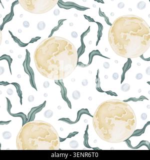 Une pleine lune entourée d'algues et de bulles. Un motif aquarelle sans couture mettant en vedette une combinaison de vie marine et céleste. Banque D'Images